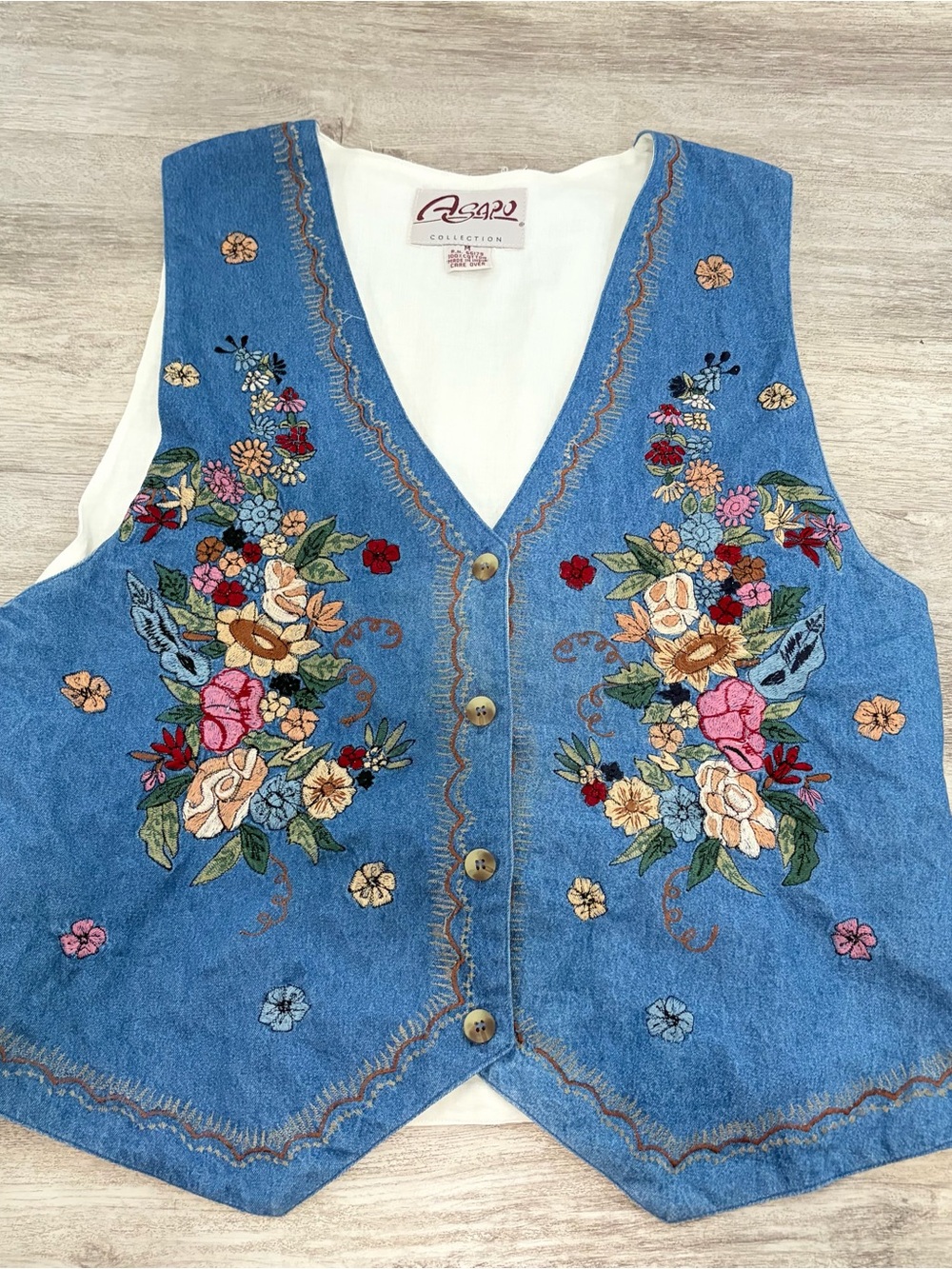 Vintage 90s Floral Embroidered Denim Vest Womens M Boho Cottagecore Agapo